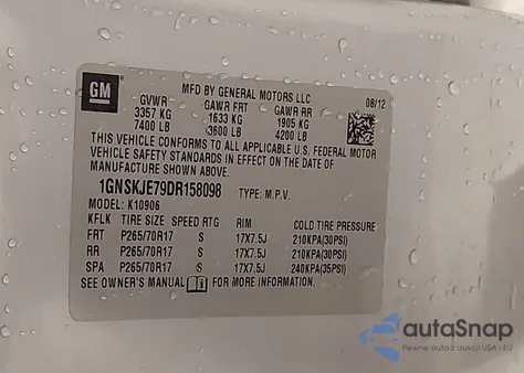 2013 Chevrolet Suburban 1500 Lt z USA, uszkodzony, nr VIN 1GNSKJE79DR158098